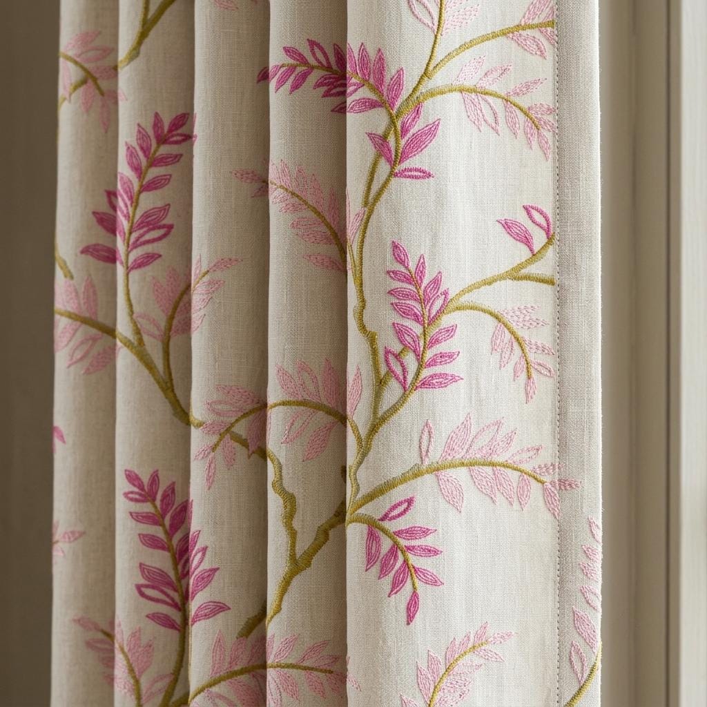 Ivory Pure Linen Curtains, Pink Olive Green Embroidered Floral Vine, Custom Blackout or Light Filtering — image 1