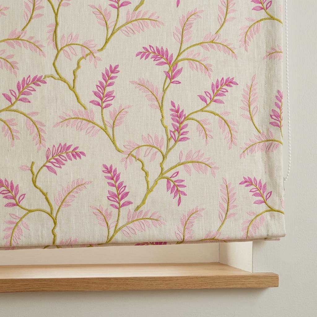 Ivory Pink Green Embroidered Linen Roman Shade, Botanical Floral Custom Corded Blind, Blackout Liner — image 3