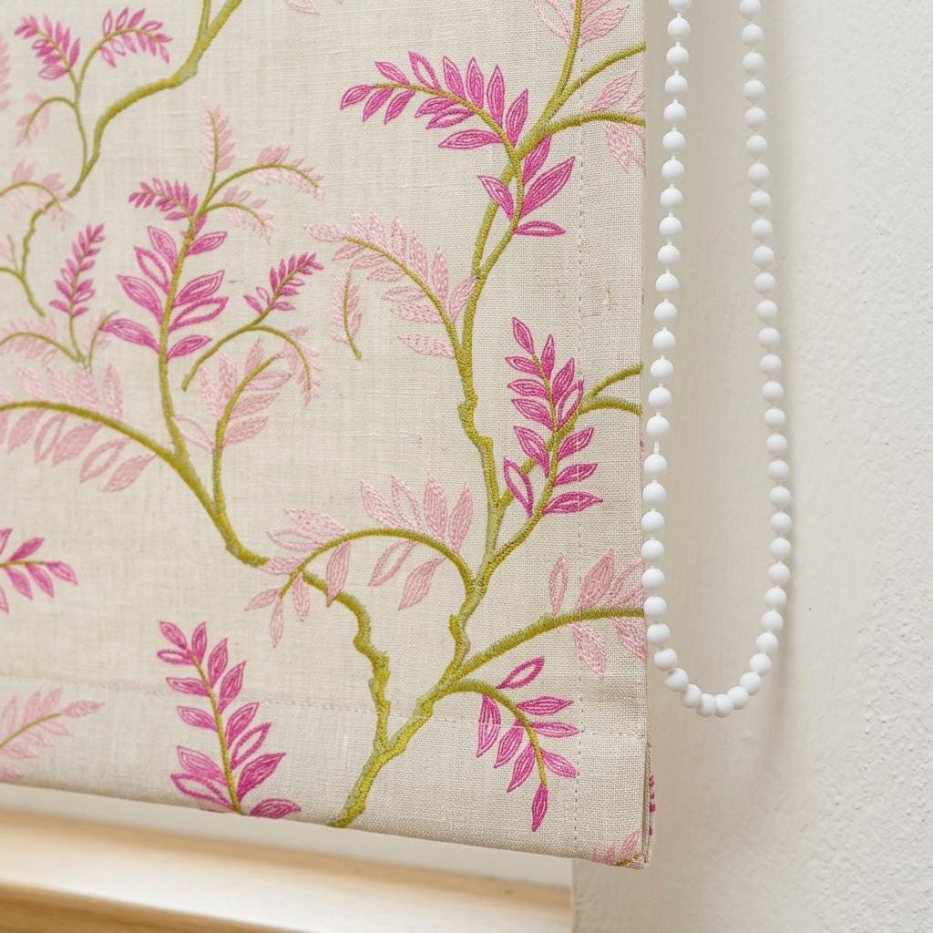 Ivory Pink Green Embroidered Linen Roman Shade, Botanical Floral Custom Corded Blind, Blackout Liner — image 5