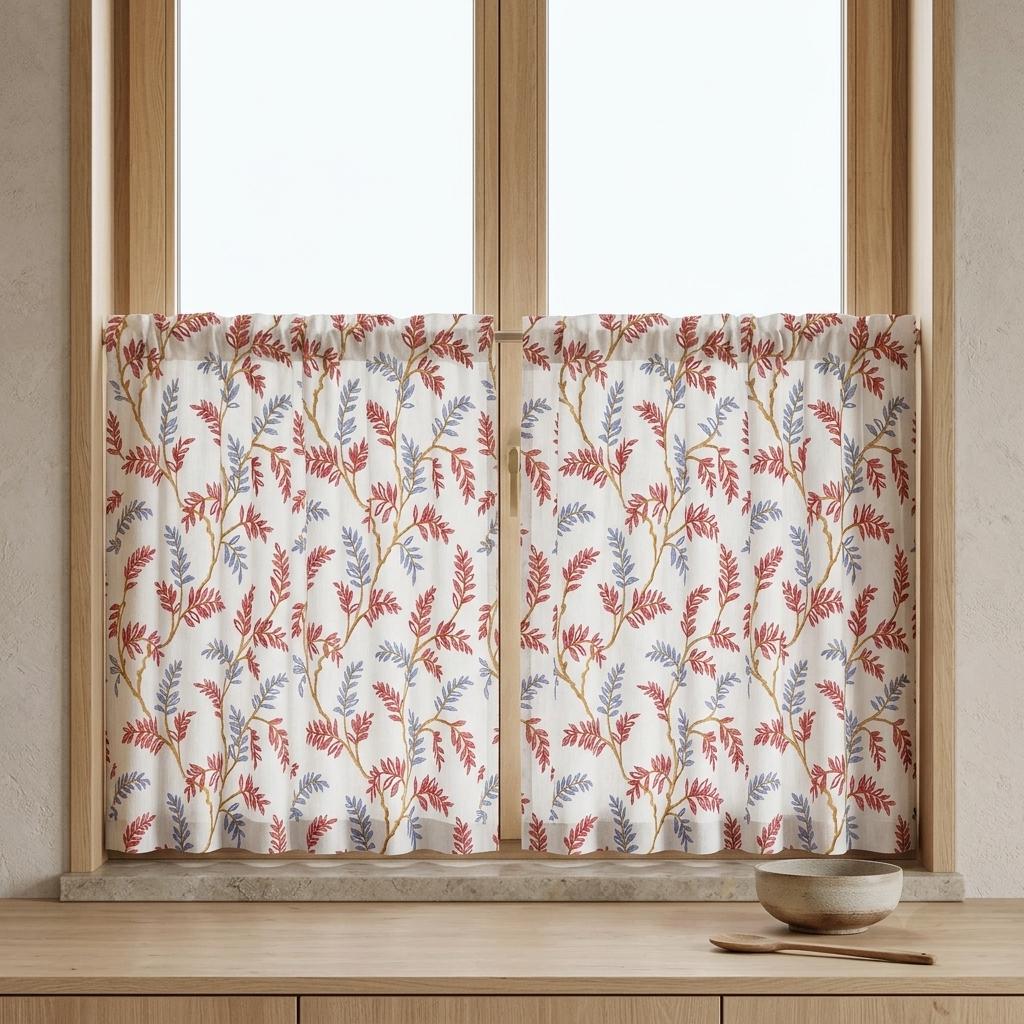 White Pure Linen Curtains, Rust Red Dusty Blue Embroidered Botanical Vine, Custom Blackout or Light Filtering Drapes — image 8
