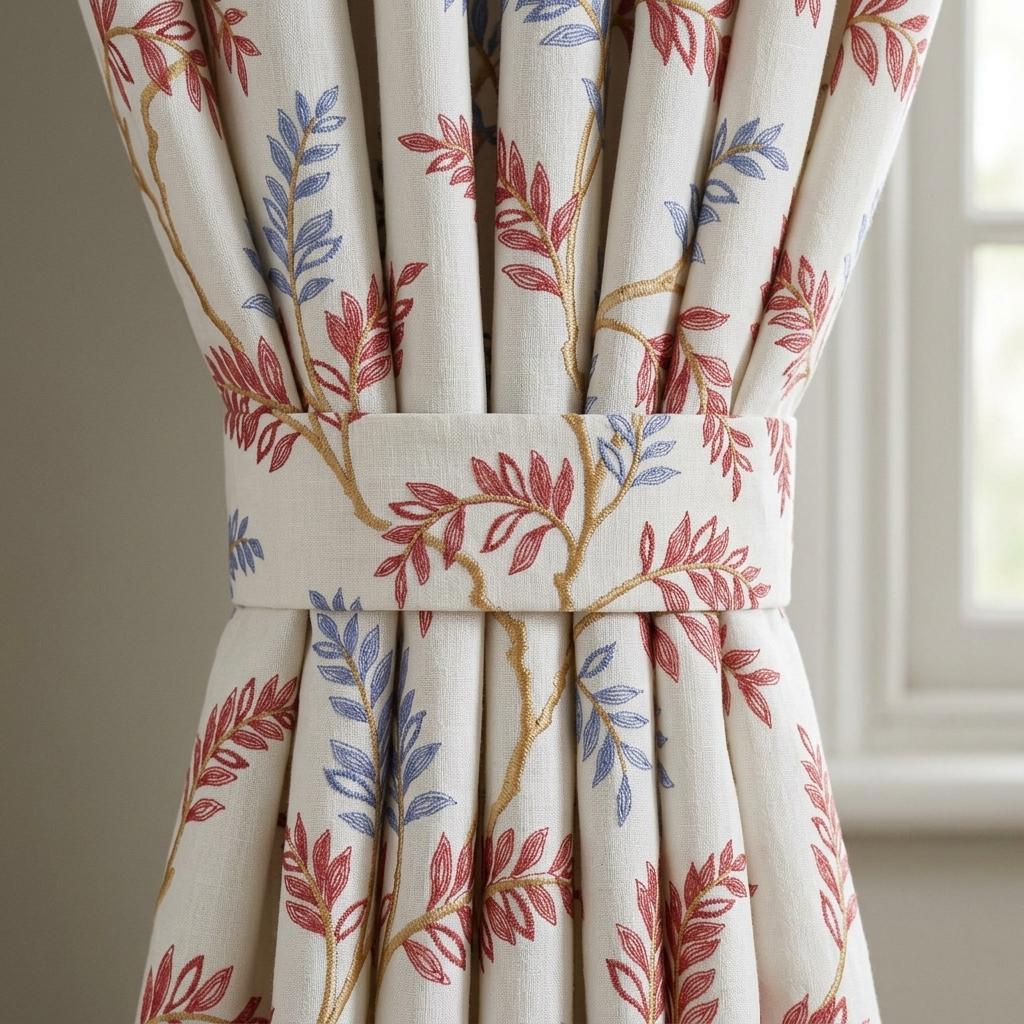 White Pure Linen Curtains, Rust Red Dusty Blue Embroidered Botanical Vine, Custom Blackout or Light Filtering Drapes — image 2