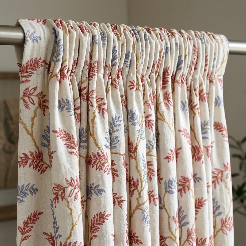 White Pure Linen Curtains, Rust Red Dusty Blue Embroidered Botanical Vine, Custom Blackout or Light Filtering Drapes — image 6