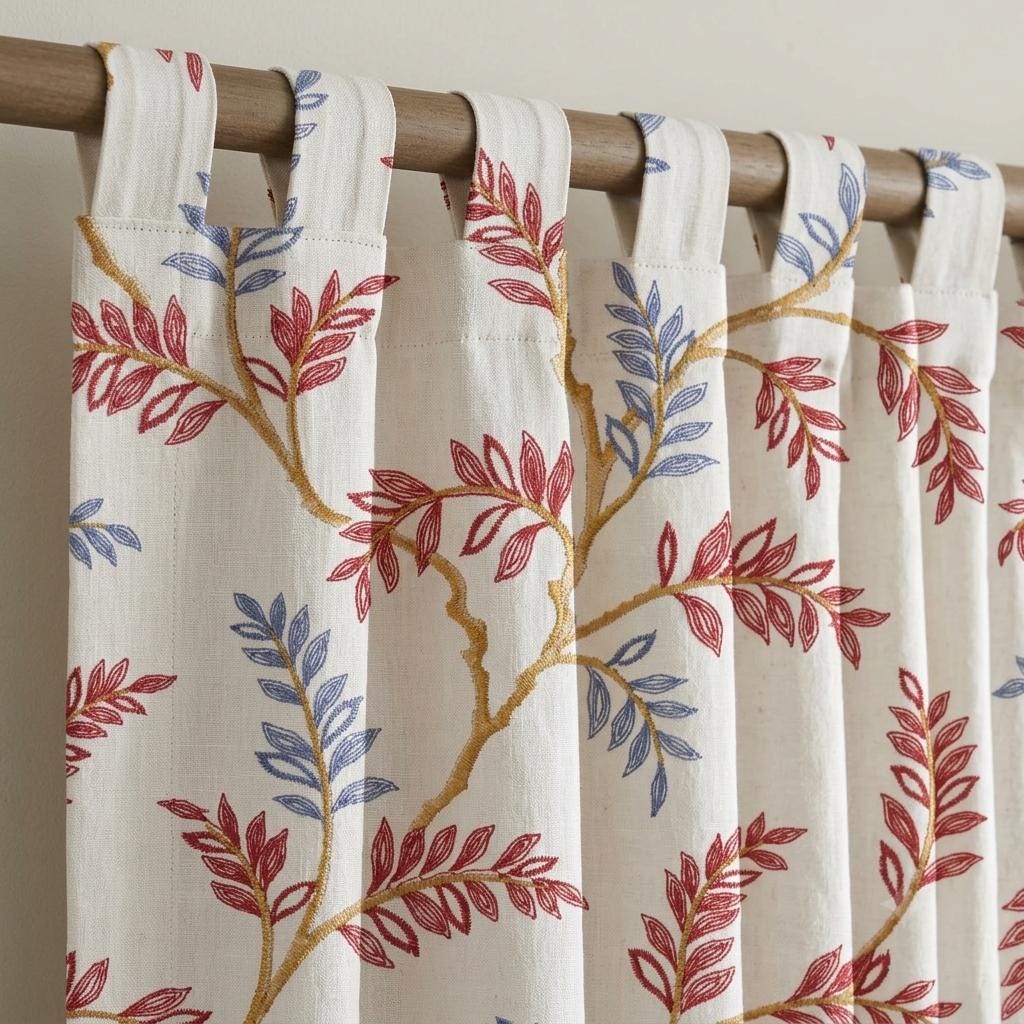 White Pure Linen Curtains, Rust Red Dusty Blue Embroidered Botanical Vine, Custom Blackout or Light Filtering Drapes — image 3