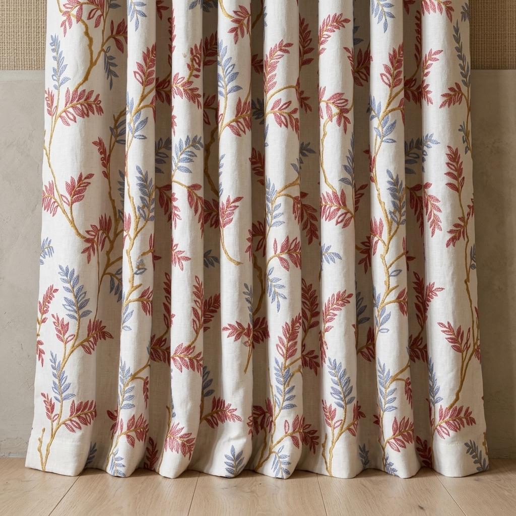 White Pure Linen Curtains, Rust Red Dusty Blue Embroidered Botanical Vine, Custom Blackout or Light Filtering Drapes — image 4