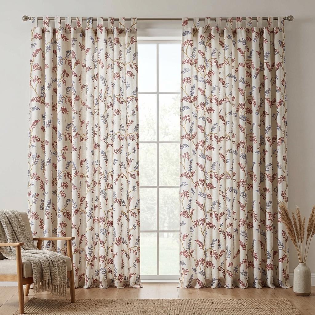 White Pure Linen Curtains, Rust Red Dusty Blue Embroidered Botanical Vine, Custom Blackout or Light Filtering Drapes — image 5