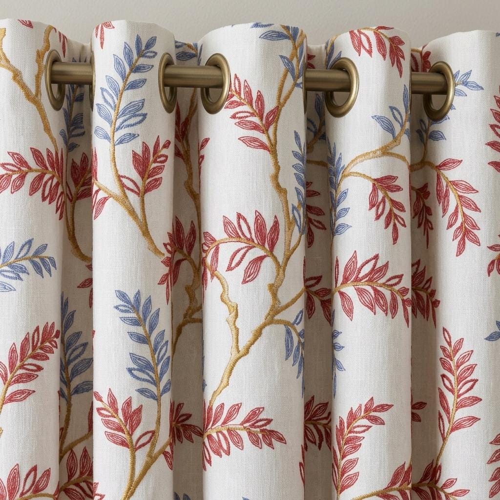 White Pure Linen Curtains, Rust Red Dusty Blue Embroidered Botanical Vine, Custom Blackout or Light Filtering Drapes — image 9
