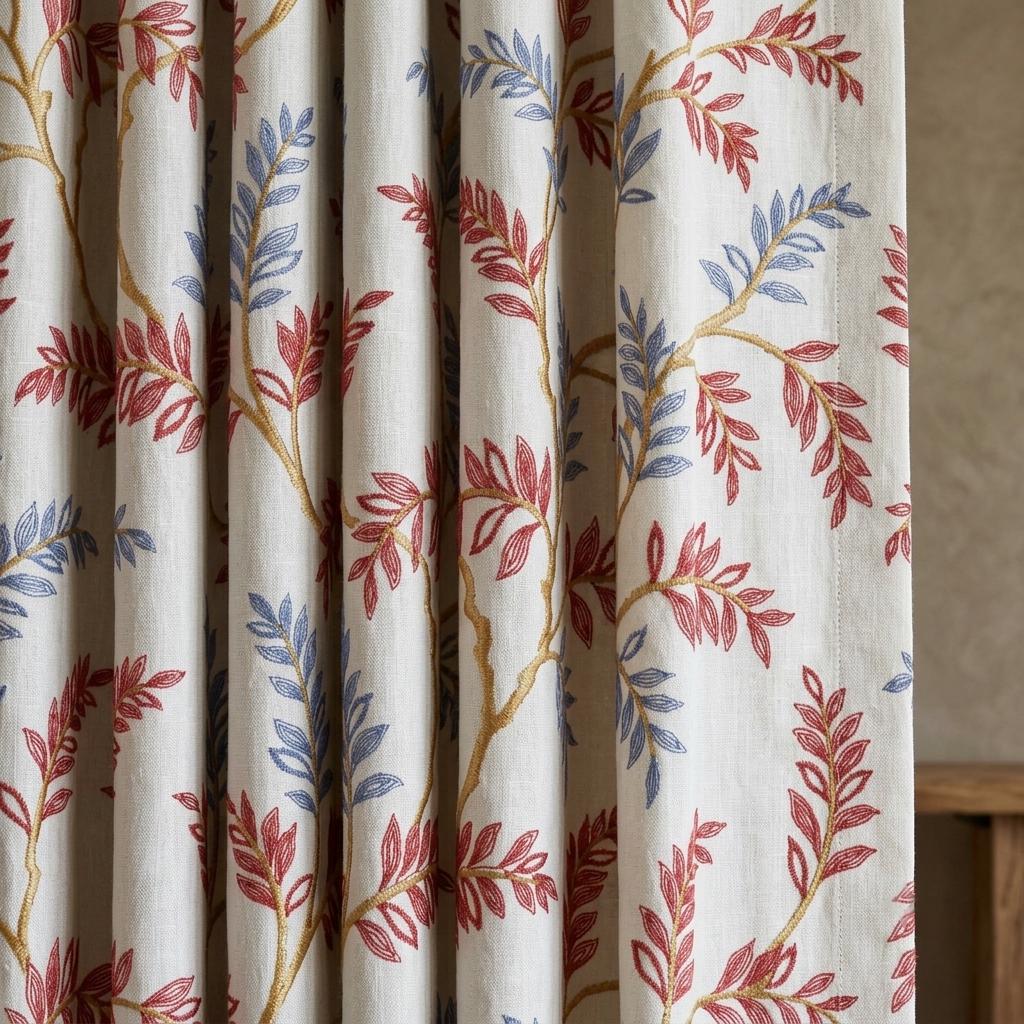 White Pure Linen Curtains, Rust Red Dusty Blue Embroidered Botanical Vine, Custom Blackout or Light Filtering Drapes — image 1