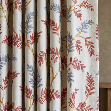 White Pure Linen Curtains, Rust Red Dusty Blue Embroidered Botanical Vine, Custom Blackout or Light Filtering Drapes — image 1