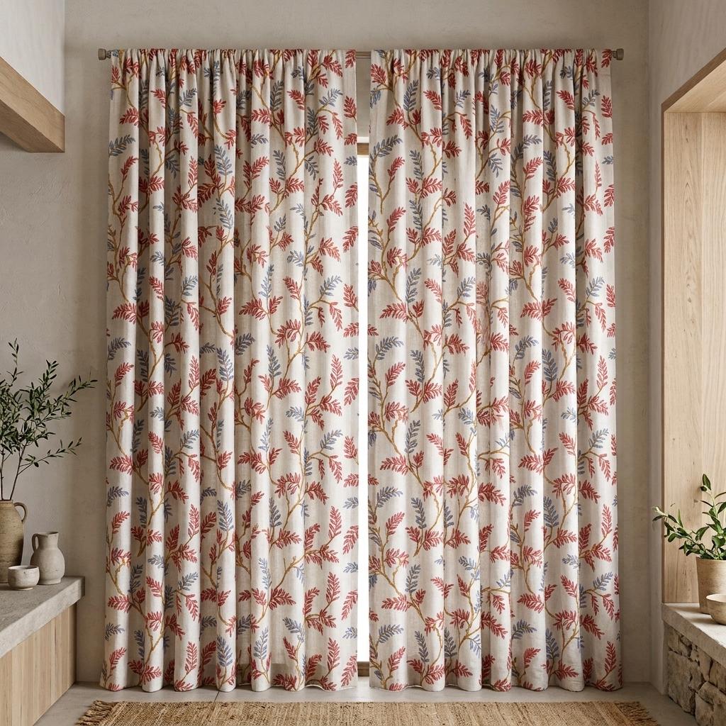White Pure Linen Curtains, Rust Red Dusty Blue Embroidered Botanical Vine, Custom Blackout or Light Filtering Drapes — image 7