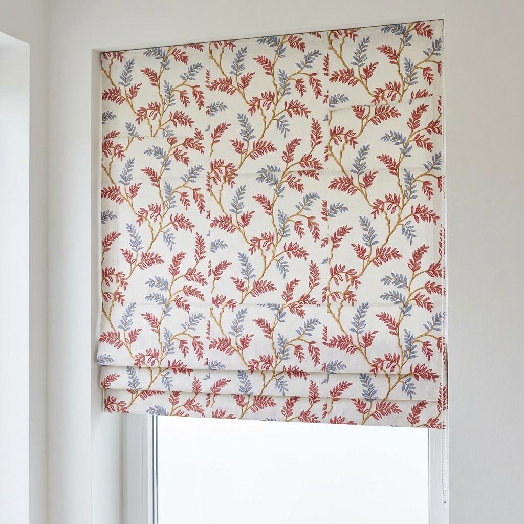 White Linen Roman Shade, Rust Red Dusty Blue Botanical Embroidery, Custom Corded Roman Blind, Blackout — image 8