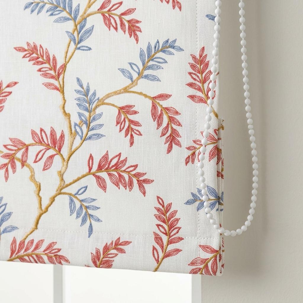 White Linen Roman Shade, Rust Red Dusty Blue Botanical Embroidery, Custom Corded Roman Blind, Blackout — image 3