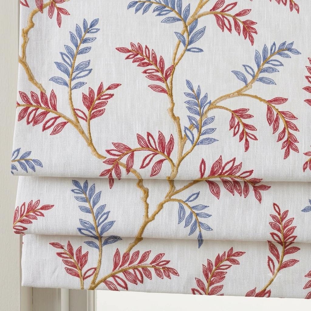 White Linen Roman Shade, Rust Red Dusty Blue Botanical Embroidery, Custom Corded Roman Blind, Blackout — image 1