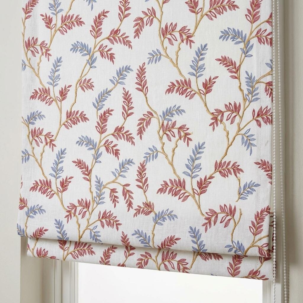 White Linen Roman Shade, Rust Red Dusty Blue Botanical Embroidery, Custom Corded Roman Blind, Blackout — image 2