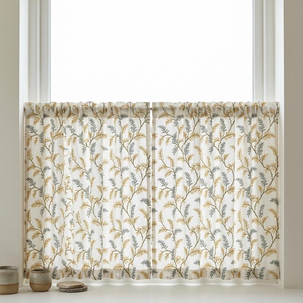 Ivory Pure Linen Curtains, Sage Green Mustard Botanical Embroidery, Custom Blackout or Light Filtering Drapes — image 7