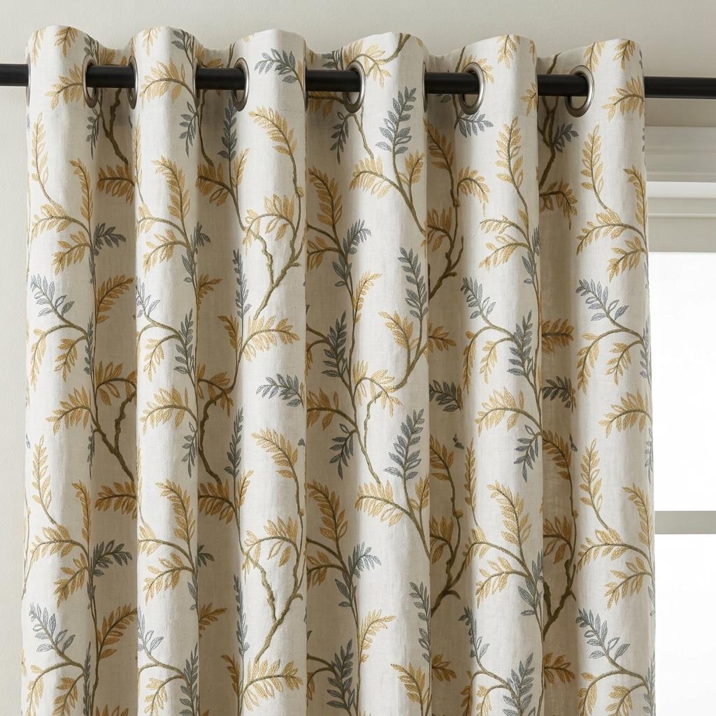 Ivory Pure Linen Curtains, Sage Green Mustard Botanical Embroidery, Custom Blackout or Light Filtering Drapes — image 6