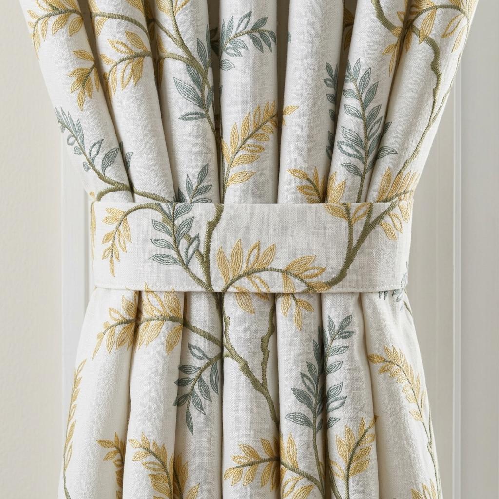 Ivory Pure Linen Curtains, Sage Green Mustard Botanical Embroidery, Custom Blackout or Light Filtering Drapes — image 1