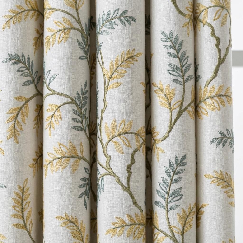 Ivory Pure Linen Curtains, Sage Green Mustard Botanical Embroidery, Custom Blackout or Light Filtering Drapes — image 5