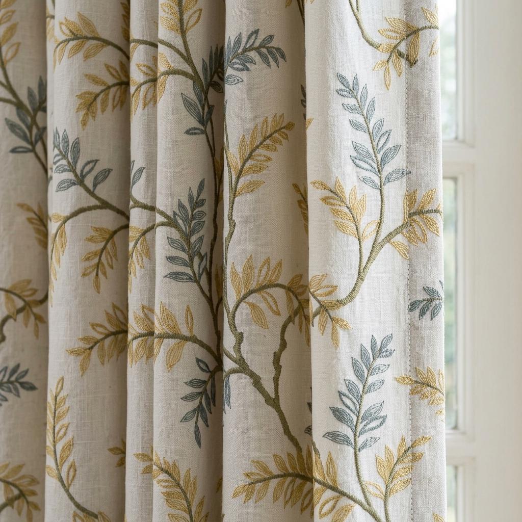 Ivory Pure Linen Curtains, Sage Green Mustard Botanical Embroidery, Custom Blackout or Light Filtering Drapes — image 2