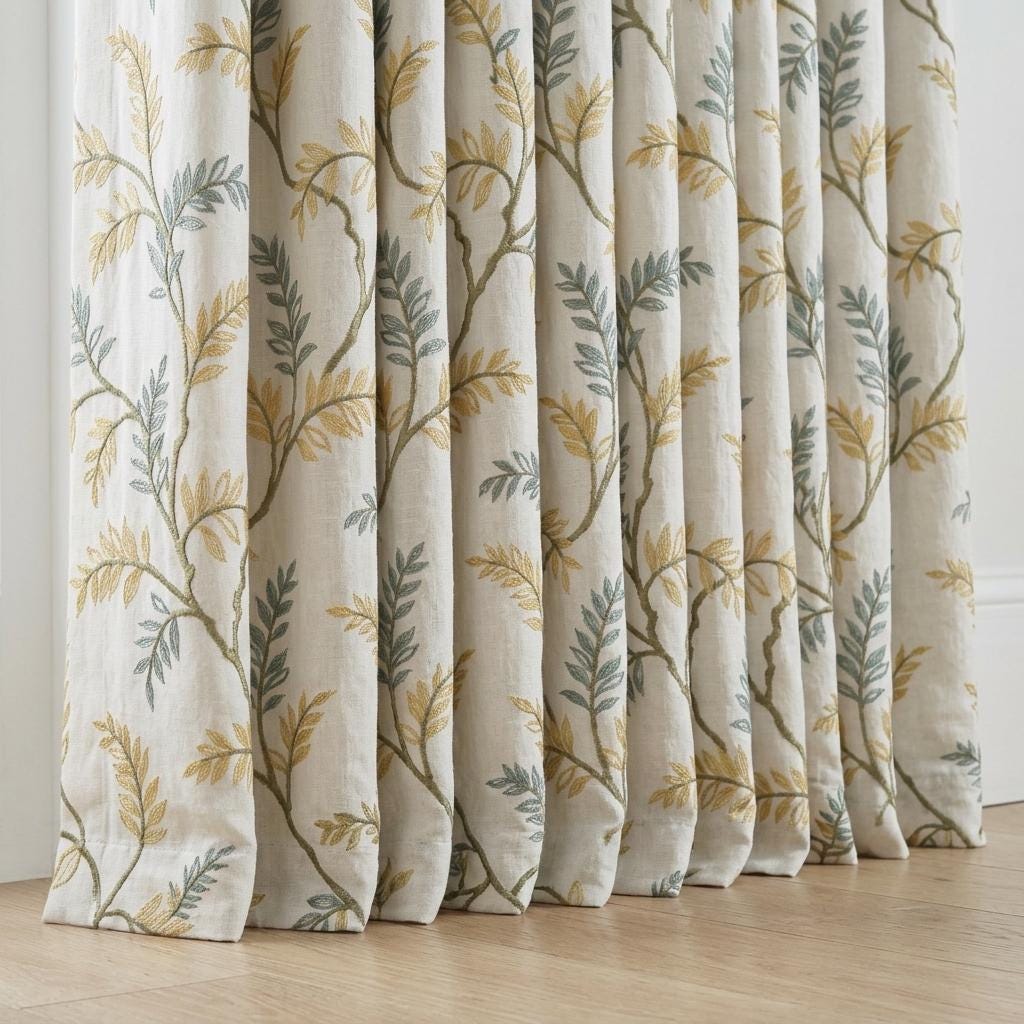 Ivory Pure Linen Curtains, Sage Green Mustard Botanical Embroidery, Custom Blackout or Light Filtering Drapes — image 4