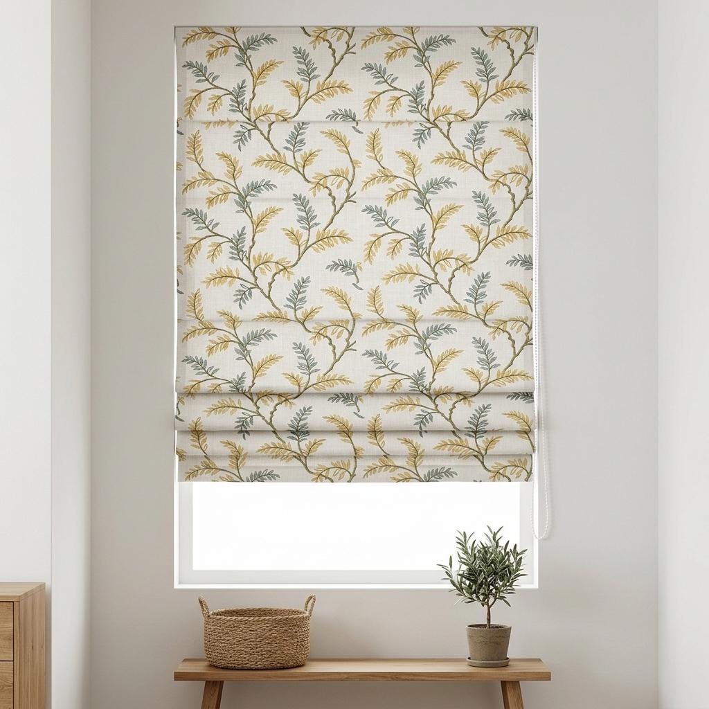 Ivory Linen Roman Shade, Sage Mustard Botanical Embroidery, Custom Corded Window Blind, Blackout Lined — image 2