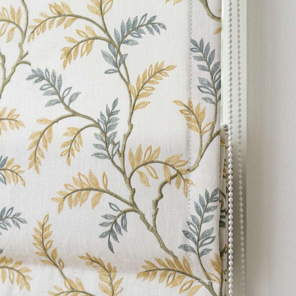 Ivory Linen Roman Shade, Sage Mustard Botanical Embroidery, Custom Corded Window Blind, Blackout Lined — image 3