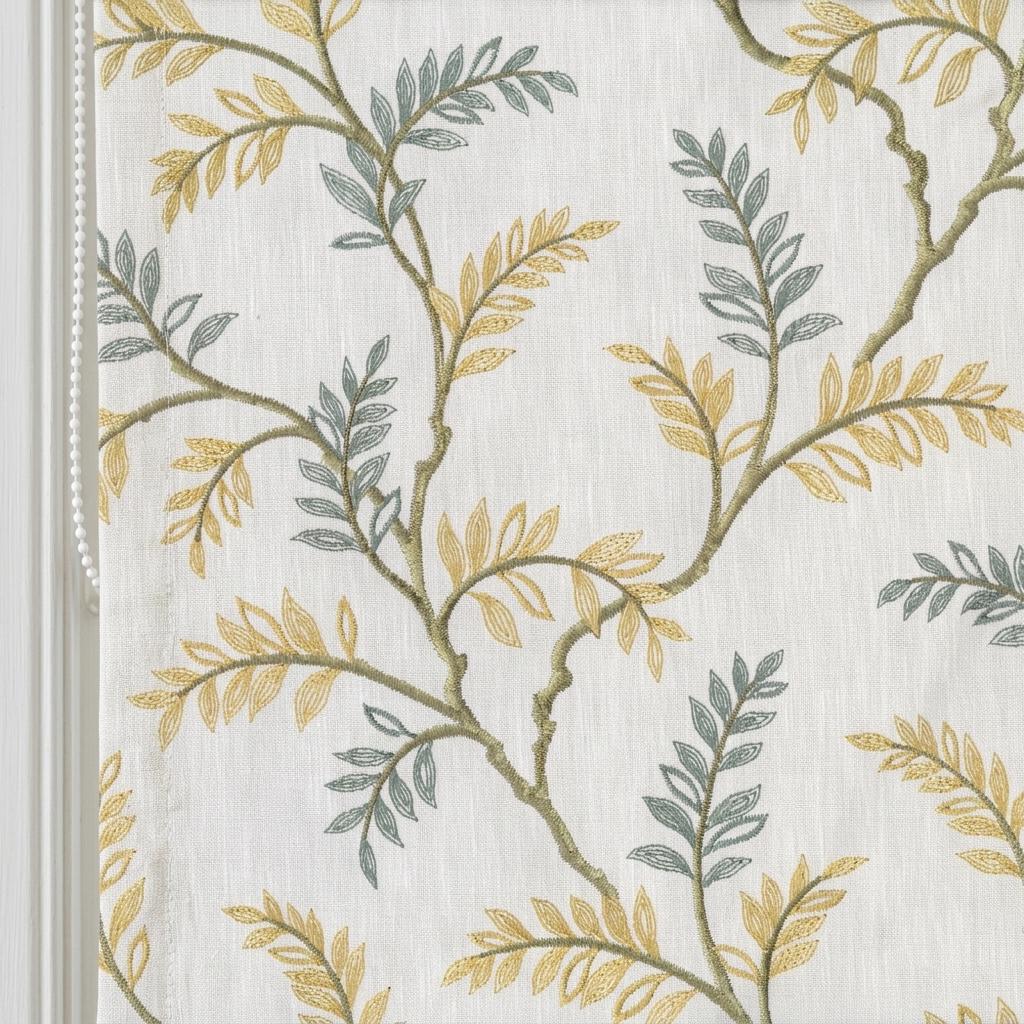 Ivory Linen Roman Shade, Sage Mustard Botanical Embroidery, Custom Corded Window Blind, Blackout Lined — image 5
