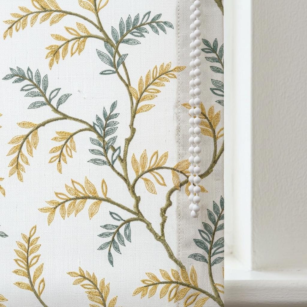 Ivory Linen Roman Shade, Sage Mustard Botanical Embroidery, Custom Corded Window Blind, Blackout Lined — image 7