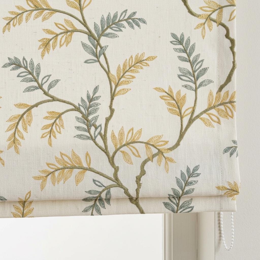 Ivory Linen Roman Shade, Sage Mustard Botanical Embroidery, Custom Corded Window Blind, Blackout Lined — image 8