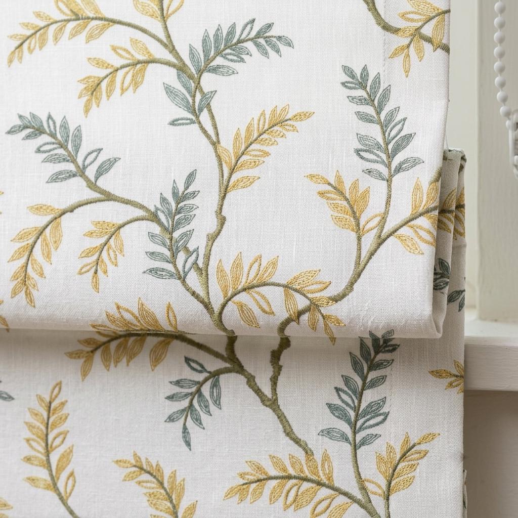Ivory Linen Roman Shade, Sage Mustard Botanical Embroidery, Custom Corded Window Blind, Blackout Lined — image 9
