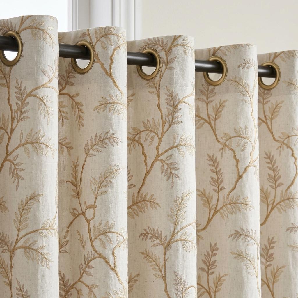 Ivory Pure Linen Curtains, Beige Gold Embroidered Botanical Vine, Custom Blackout or Light Filtering Drapes — image 7