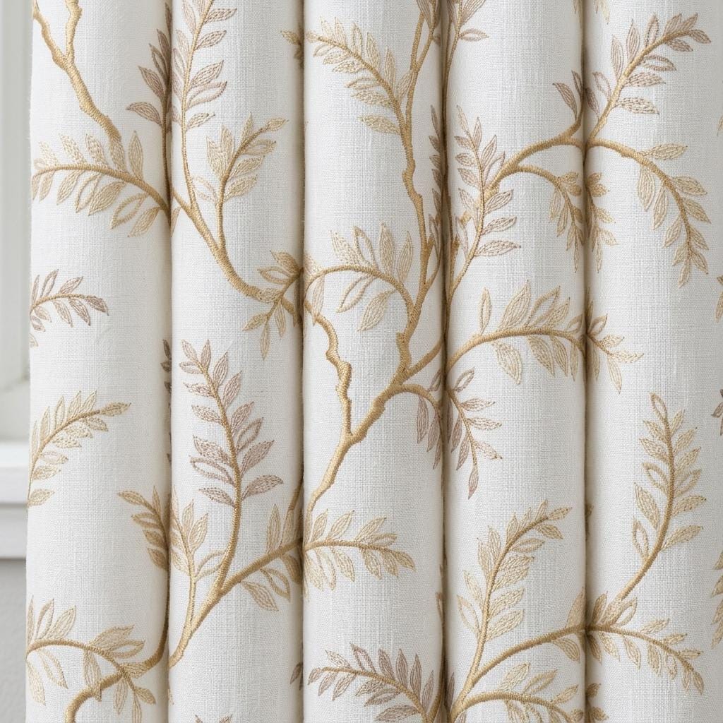 Ivory Pure Linen Curtains, Beige Gold Embroidered Botanical Vine, Custom Blackout or Light Filtering Drapes — image 5