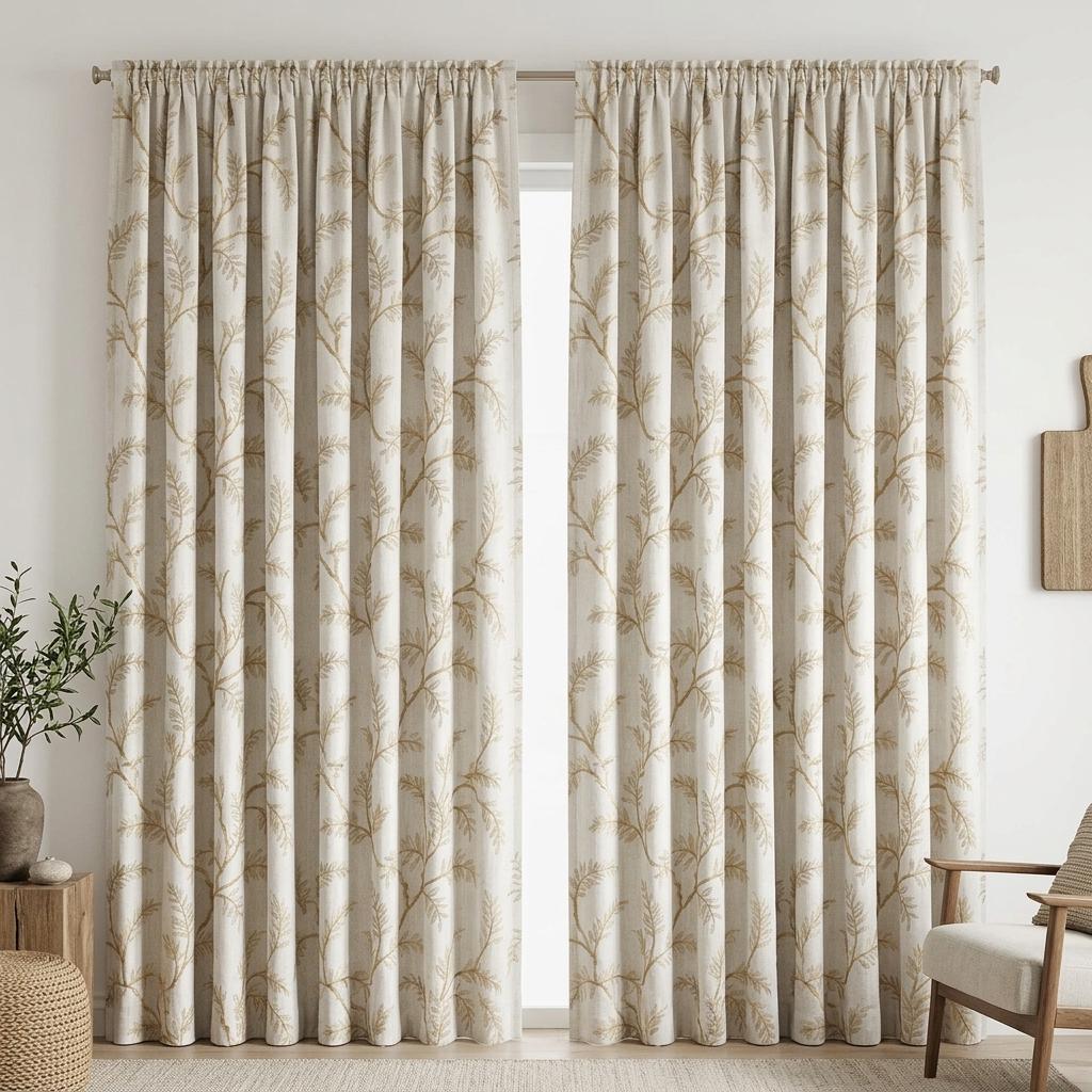 Ivory Pure Linen Curtains, Beige Gold Embroidered Botanical Vine, Custom Blackout or Light Filtering Drapes — image 3