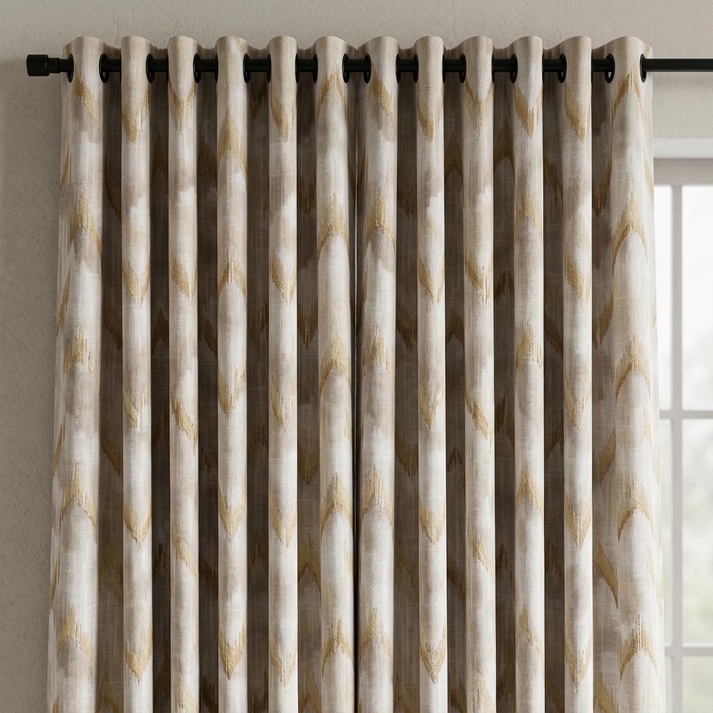Ivory Pure Linen Embroidered Curtains, Champagne Gold Ikat Diamond Drapes, Custom Extra Long Blackout Panels — image 6
