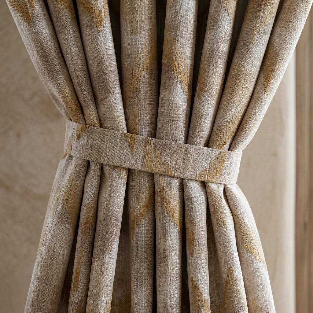 Ivory Pure Linen Embroidered Curtains, Champagne Gold Ikat Diamond Drapes, Custom Extra Long Blackout Panels — image 2