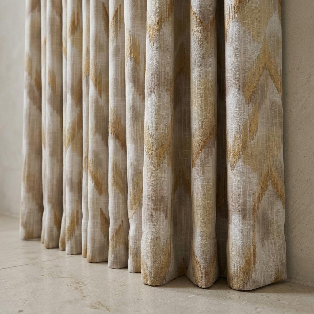 Ivory Pure Linen Embroidered Curtains, Champagne Gold Ikat Diamond Drapes, Custom Extra Long Blackout Panels — image 3