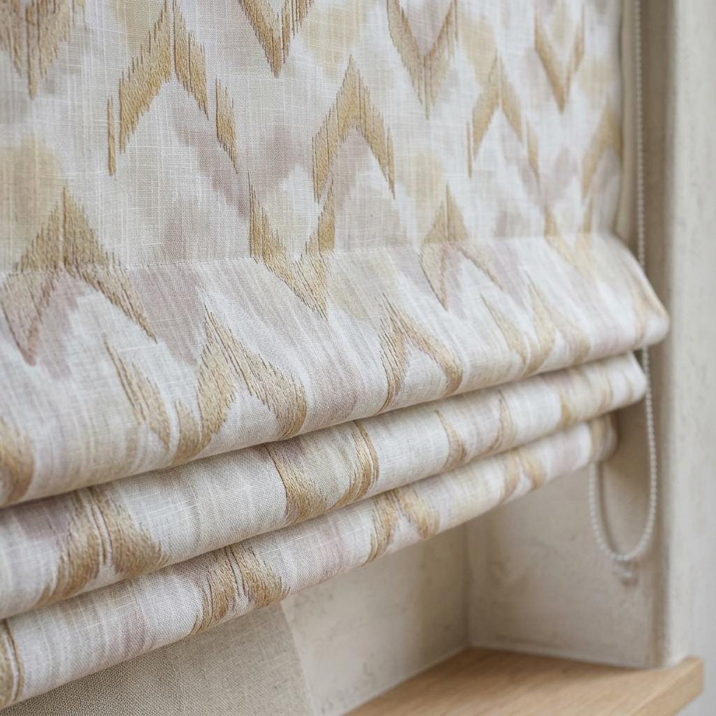 Ivory Beige Linen Roman Shade, Taupe Embroidered Ogee Diamond Trellis, Custom Blackout or Light Filtering Window Blind — image 3