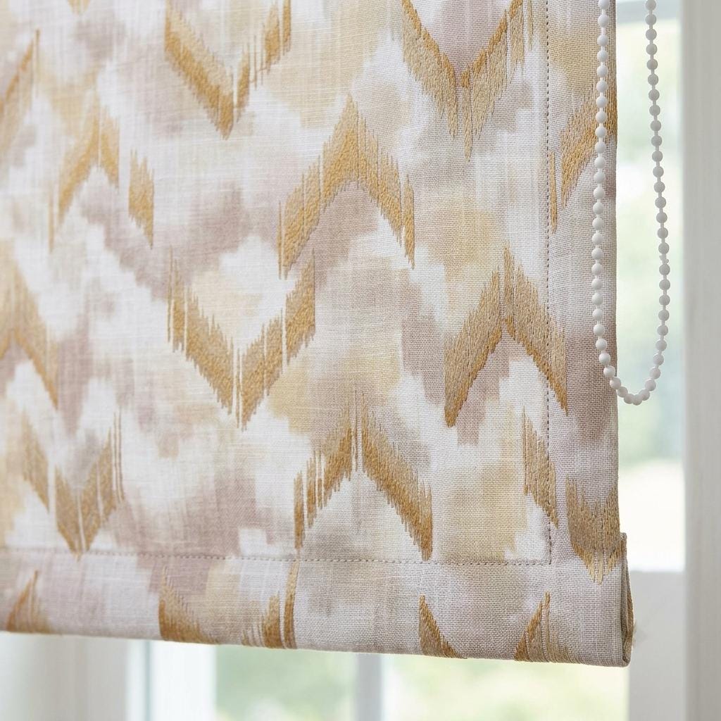 Ivory Beige Linen Roman Shade, Taupe Embroidered Ogee Diamond Trellis, Custom Blackout or Light Filtering Window Blind — image 5