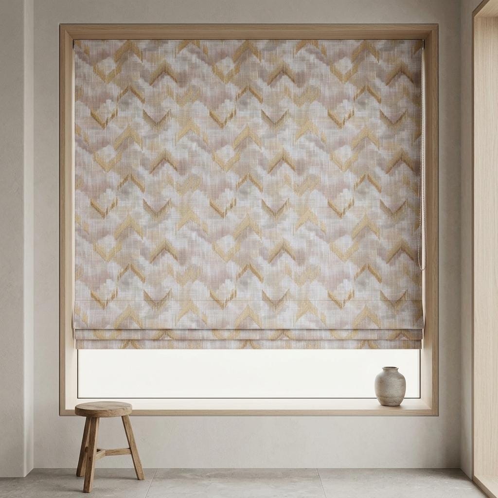Ivory Beige Linen Roman Shade, Taupe Embroidered Ogee Diamond Trellis, Custom Blackout or Light Filtering Window Blind — image 2
