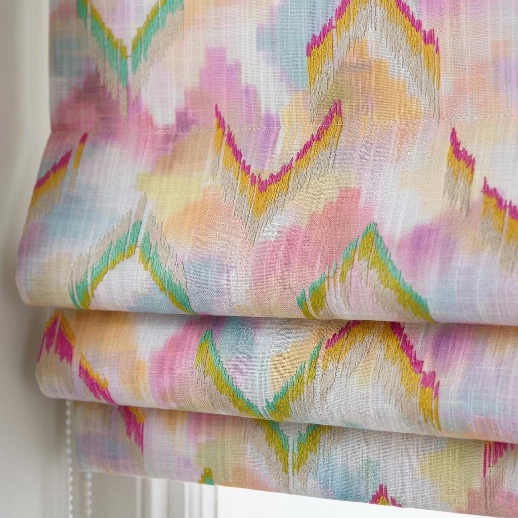 Multicolor Linen Roman Shade, Pink Teal Mustard Embroidered Ogee Trellis, Custom Blackout or Light Filtering Window Blind — image 1