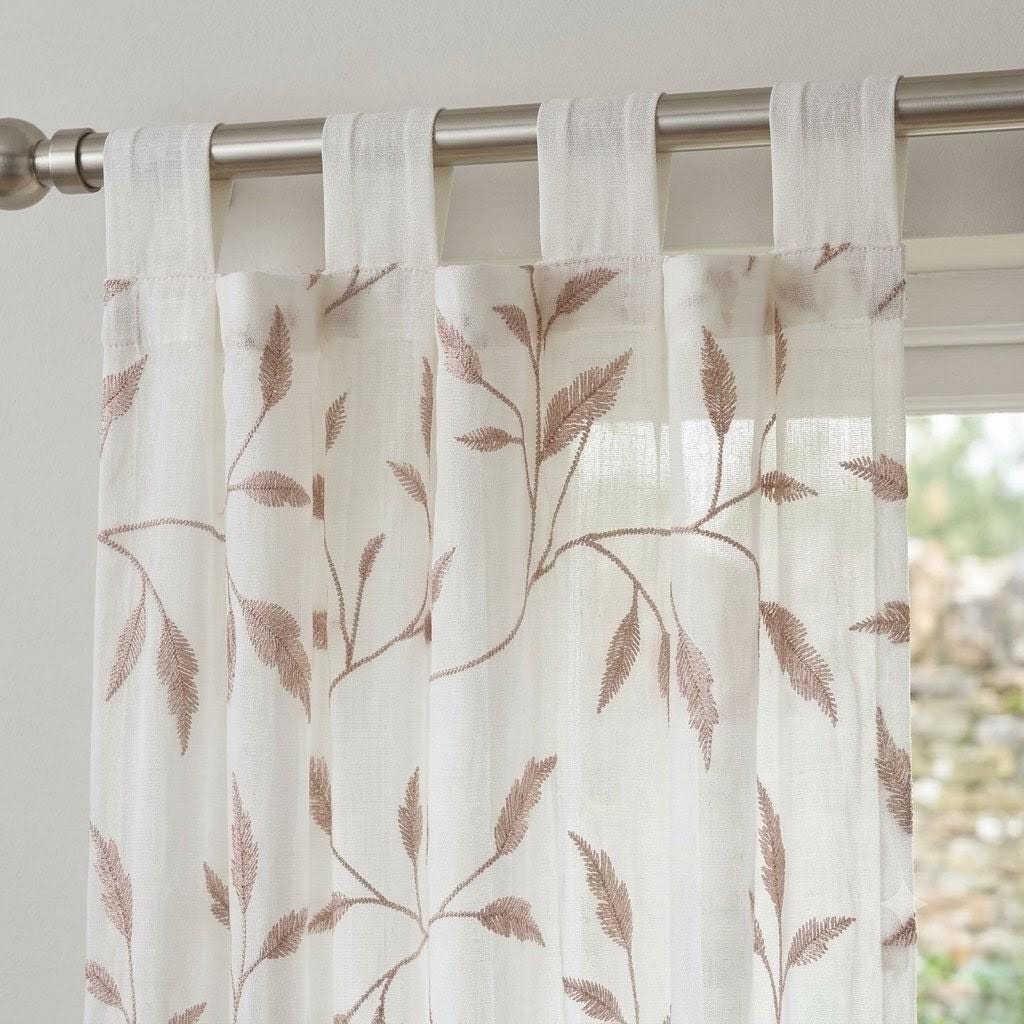 Ivory Pure Linen Sheer Curtains, Dusty Rose Pink Embroidered Leaf Vine, Custom Light Filtering Drapes — image 7