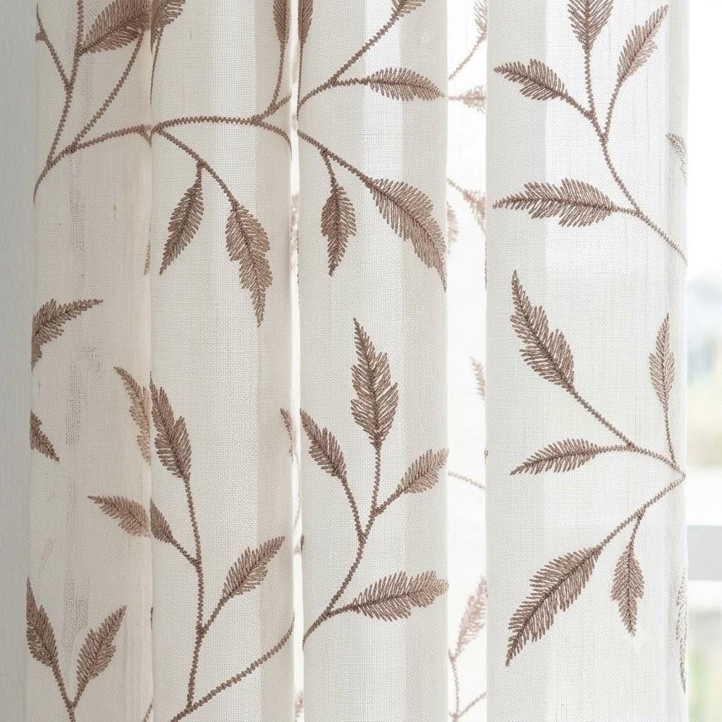Ivory Pure Linen Sheer Curtains, Dusty Rose Pink Embroidered Leaf Vine, Custom Light Filtering Drapes — image 8