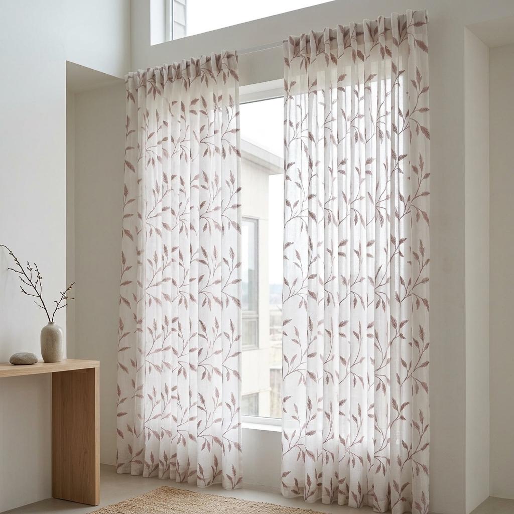 Ivory Pure Linen Sheer Curtains, Dusty Rose Pink Embroidered Leaf Vine, Custom Light Filtering Drapes — image 5