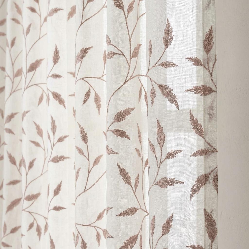Ivory Pure Linen Sheer Curtains, Dusty Rose Pink Embroidered Leaf Vine, Custom Light Filtering Drapes — image 1