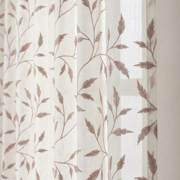 Ivory Pure Linen Sheer Curtains, Dusty Rose Pink Embroidered Leaf Vine, Custom Light Filtering Drapes — image 1