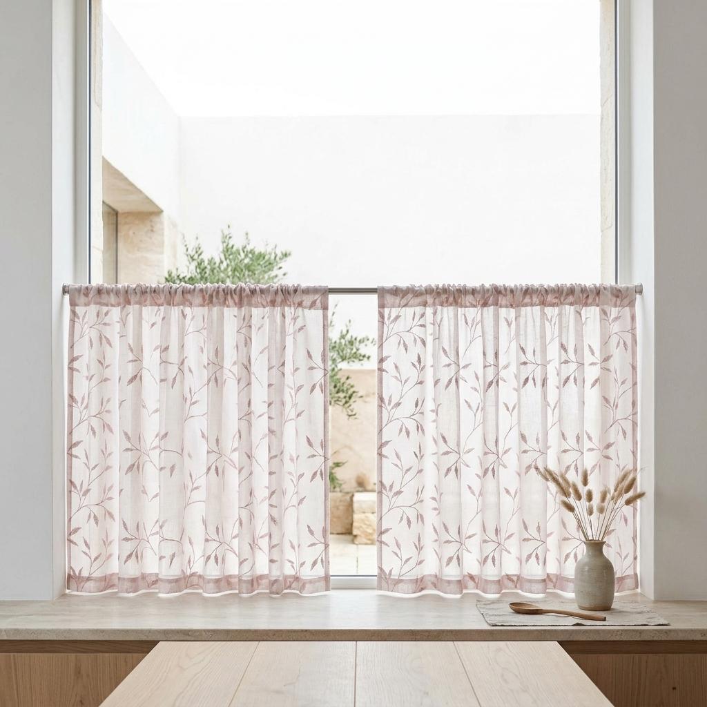 Ivory Pure Linen Sheer Curtains, Dusty Rose Pink Embroidered Leaf Vine, Custom Light Filtering Drapes — image 10