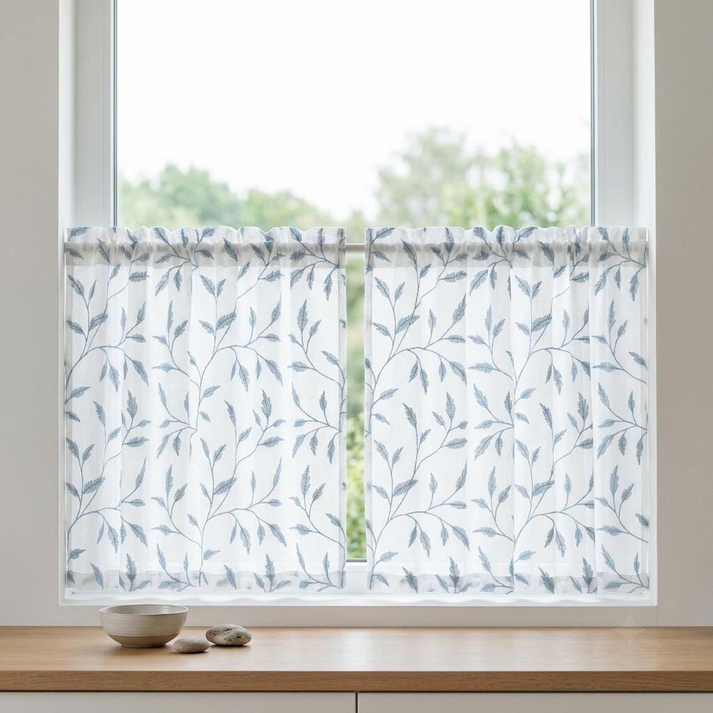 White Pure Linen Sheer Curtains, Dusty Blue Gray Embroidered Leaf Vine, Custom Light Filtering Drapes — image 6