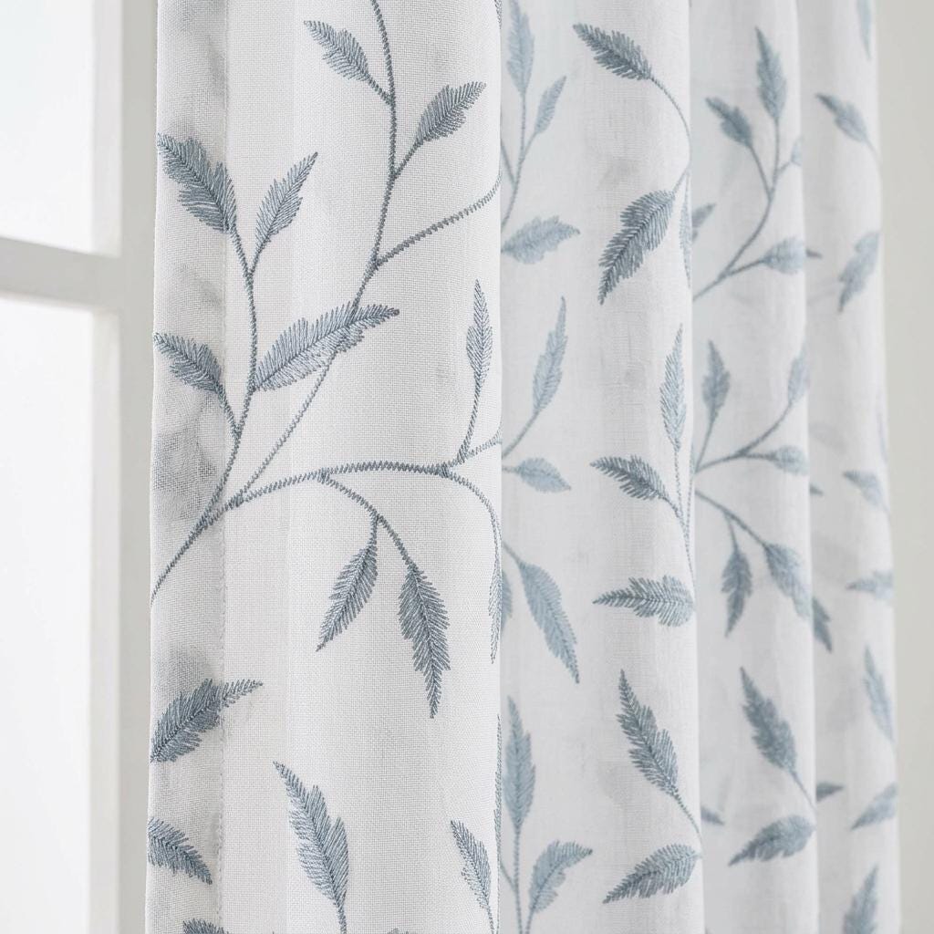 White Pure Linen Sheer Curtains, Dusty Blue Gray Embroidered Leaf Vine, Custom Light Filtering Drapes — image 1