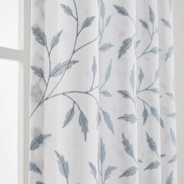 White Pure Linen Sheer Curtains, Dusty Blue Gray Embroidered Leaf Vine, Custom Light Filtering Drapes — image 1