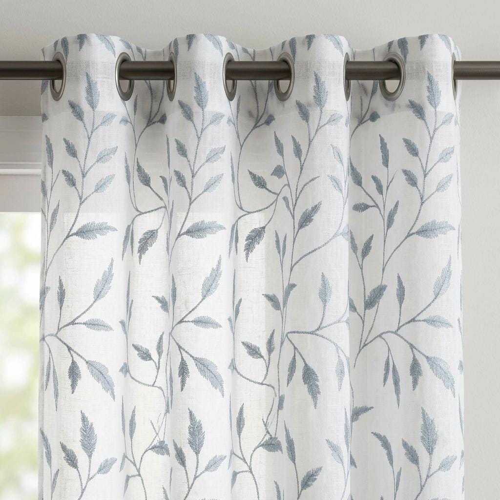 White Pure Linen Sheer Curtains, Dusty Blue Gray Embroidered Leaf Vine, Custom Light Filtering Drapes — image 10