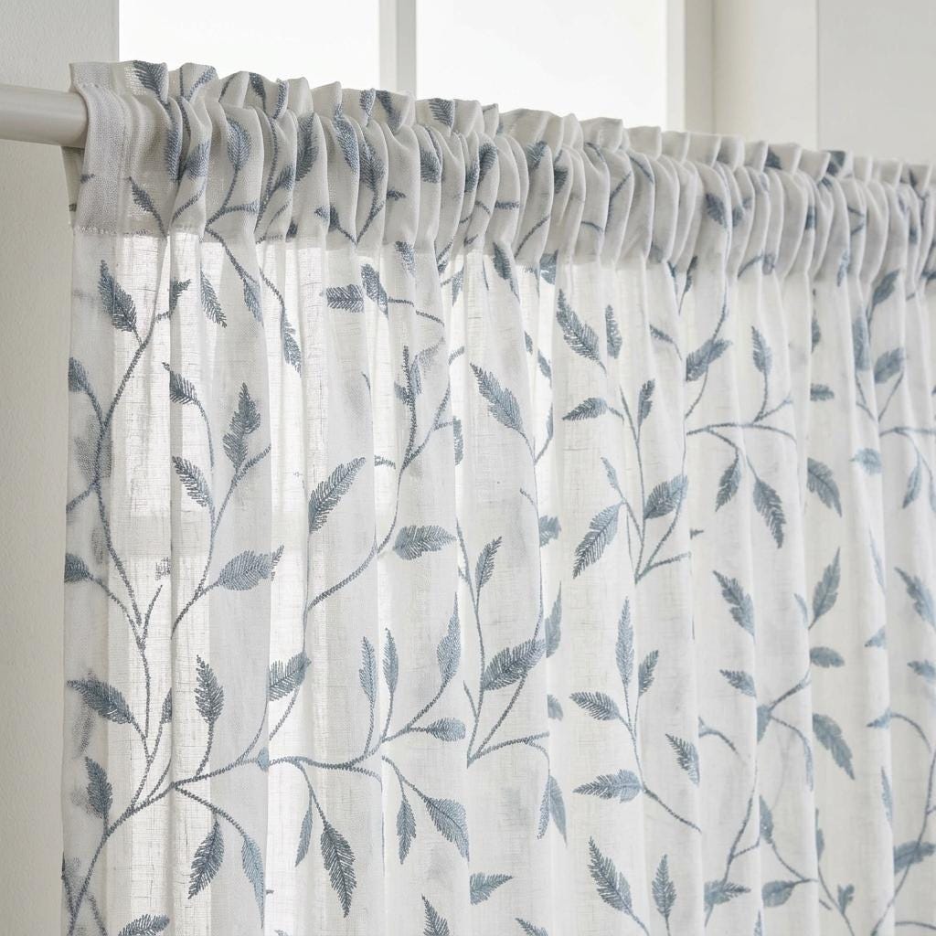 White Pure Linen Sheer Curtains, Dusty Blue Gray Embroidered Leaf Vine, Custom Light Filtering Drapes — image 8